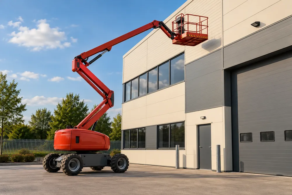 Red articulated boom lift reaching the upper wall of a Bristol industrial building