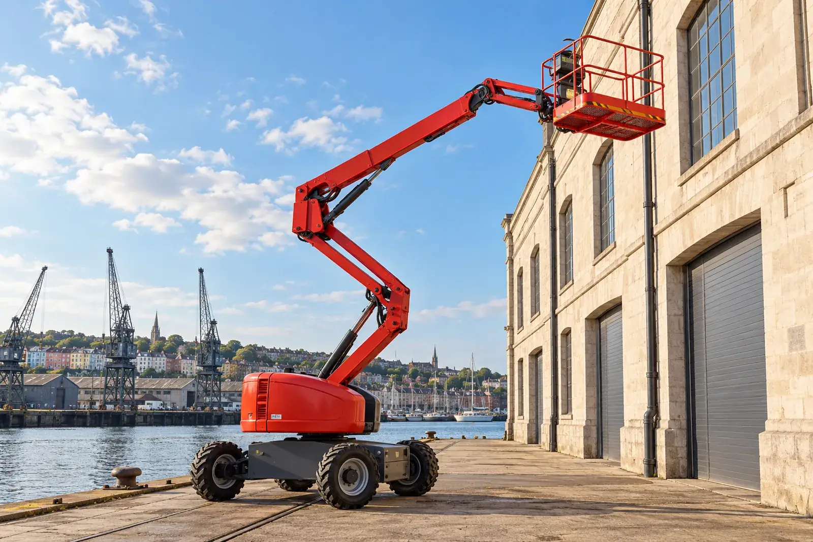 Red articulated boom lift with its basket raised beside a Bristol harbourside building