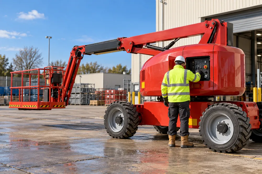 Technician in a high-visibility jacket checking a red boom lift’s ground controls in a Bristol yard