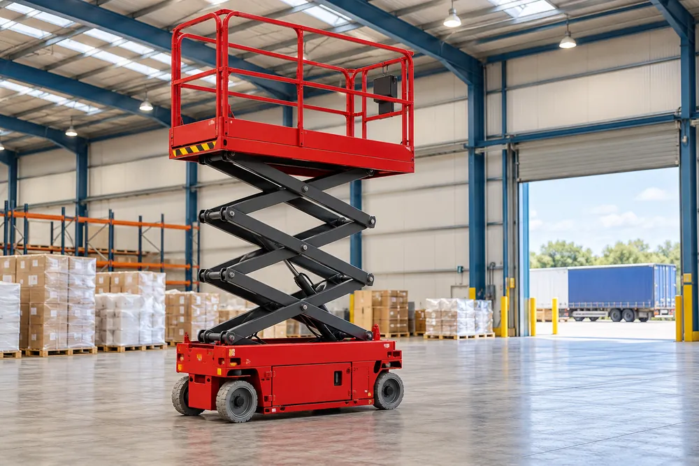 Red scissor lift with its platform raised inside a Bristol warehouse beside stacked goods